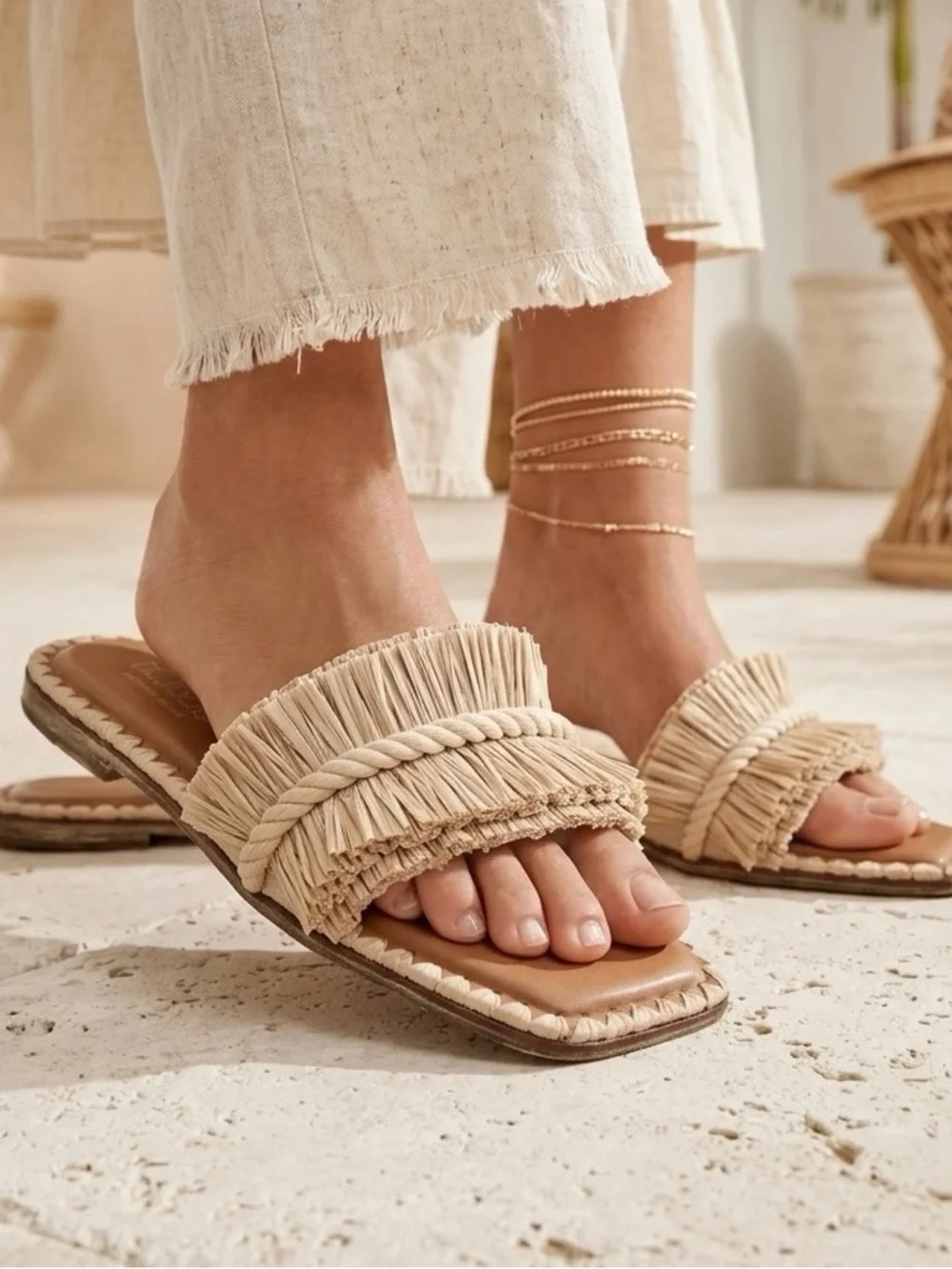ANTONIO MELANI X THE NAT NOTE Madruga Raffia Fringe Flat Slide Sandals Natural